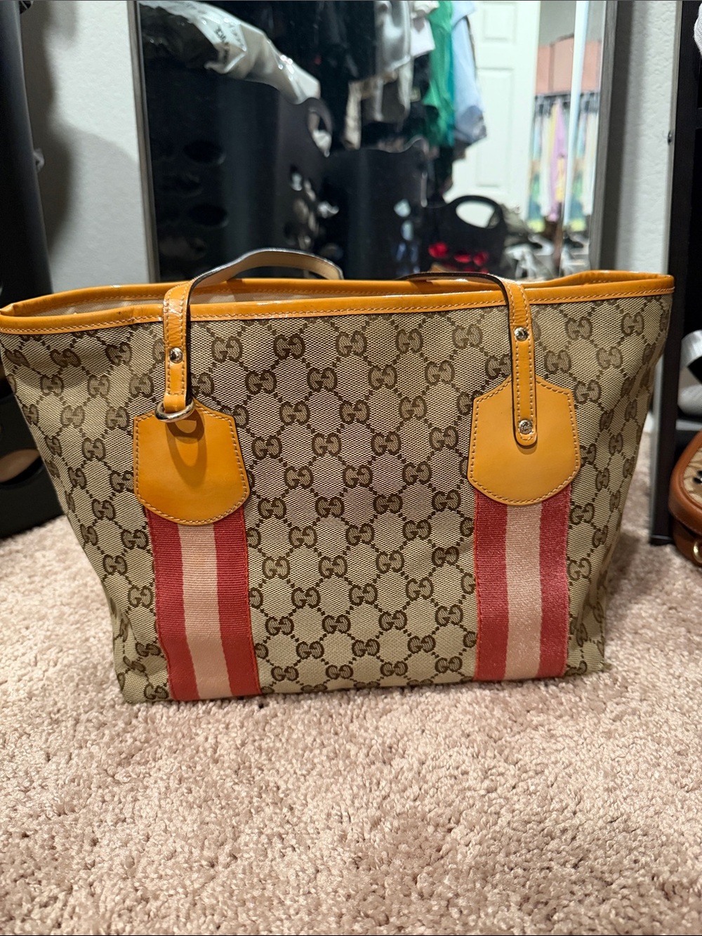 Gucci Beige GG Canvas Tote with Yellow Trim and Red Stripe Accents
